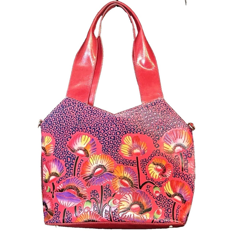 Vivid Sukkriti Fushsia Leather Hand Painted Poppy Flower Handbag Purse